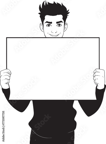 Banner Buddy Vector Logo of a Friendly Sign Holder Signage Samson Cheerful Cartoon Man Holding Sign