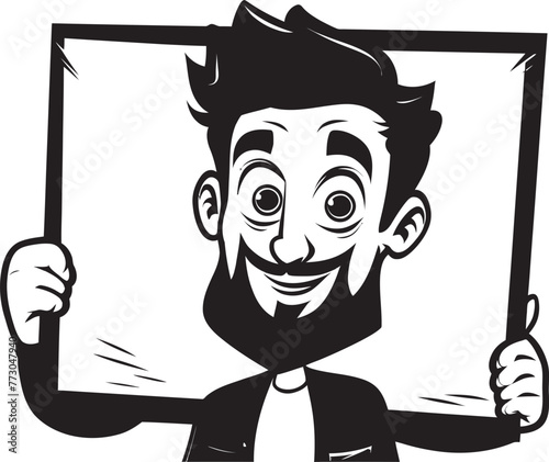 Banner Buddy Vector Logo of a Friendly Sign Holder Signage Samson Cheerful Cartoon Man Holding Sign