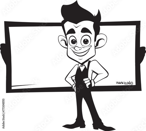 Banner Buddy Vector Logo of a Friendly Sign Holder Signage Samson Cheerful Cartoon Man Holding Sign