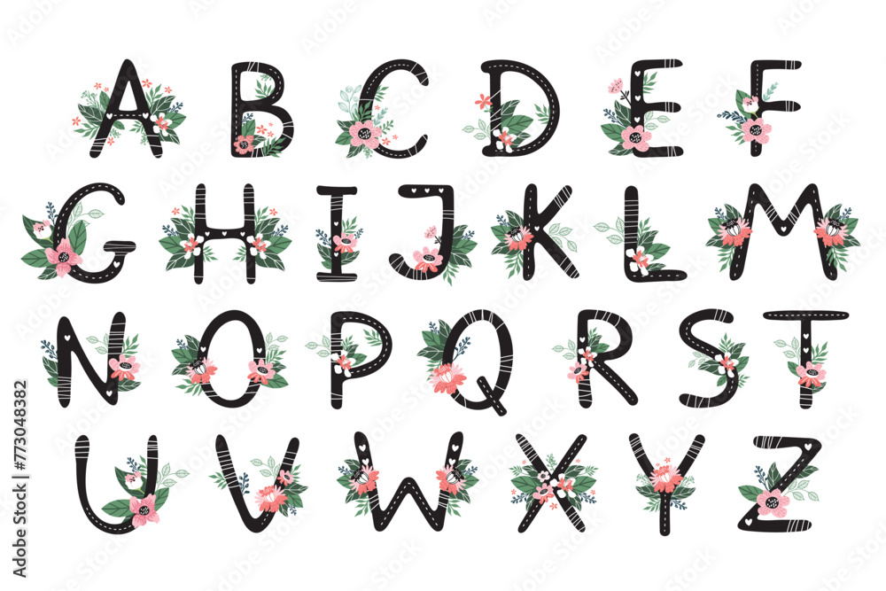 English alphabet with floral compositions. Set of isolated capital letters. ABC symbol pack. English alphabet with floral compositions. Set of isolated capital letters. ABC symbol pack.
