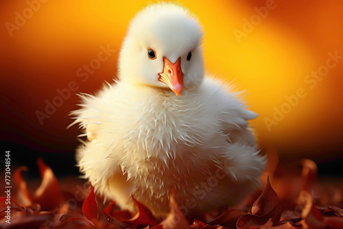 A fluffy yellow duckling with soft down feathers, sitting against a vibrant red background, bathed in warm sunlight, its tiny beak pecking at a scattering of feed.