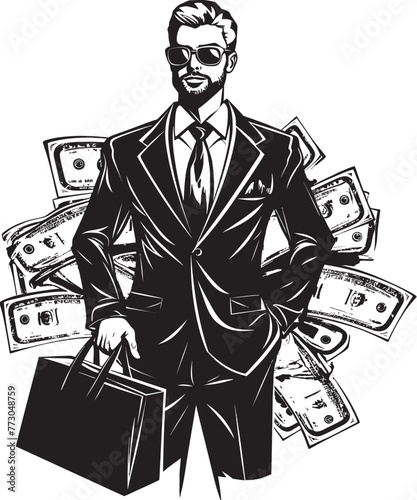 Dollar Doug Cartoon Rich Person Holding a Money Bag Graphic Design Luxurious Lila Vector Logo of a Wealthy Figure with Money Bag