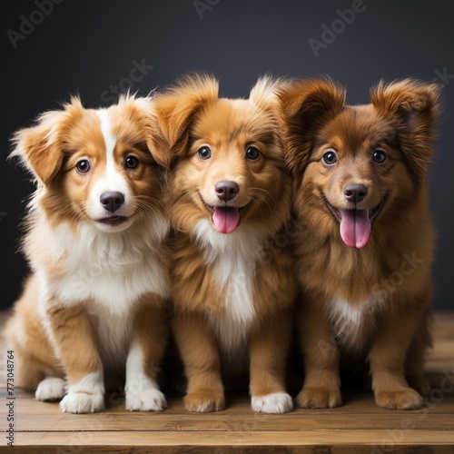 Group of adorable puppies dogies on wooden table