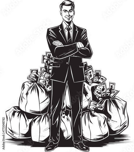 Wealthy Walter Vibrant Vector Logo of a Money Holding Character Cash Captain Cartoon Rich Person Holding a Money Bag Icon