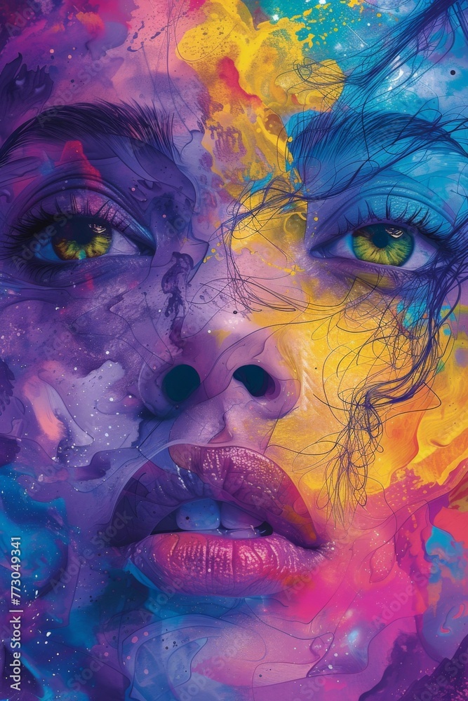 Abstract portrait of a woman with colorful paint splatters on her face in artistic painting style