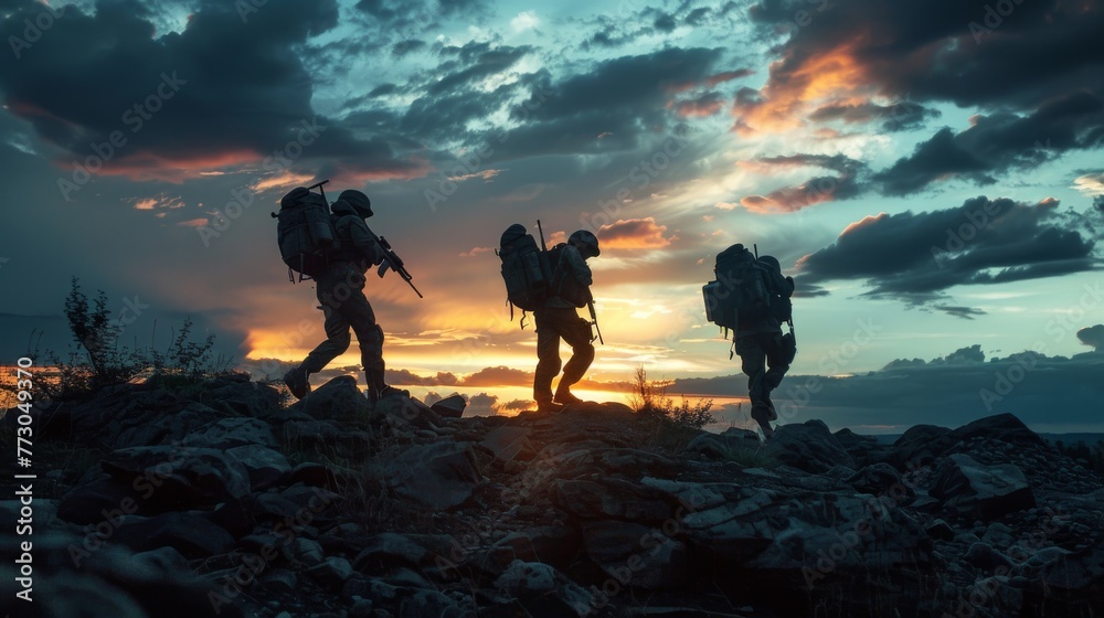 Fototapeta premium Soldiers military group US Army at sunset