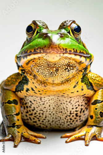 Close up of green and yellow frog with its mouth open.