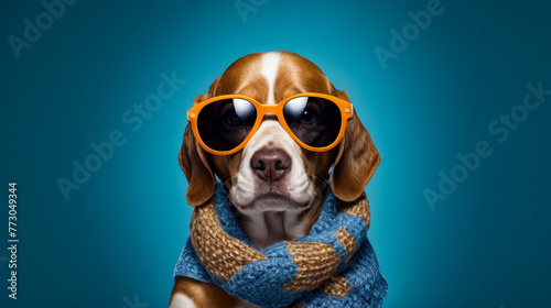 Dog wearing sunglasses and knitted scarf. © valentyn640