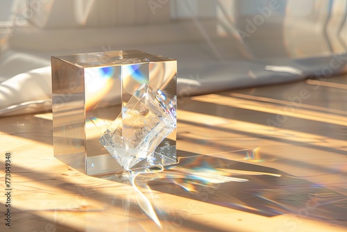 A clear glass cube rests on a hardwood floor in a room