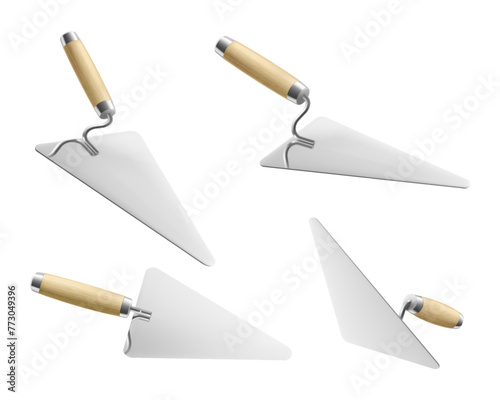 Set of cement trowels isolated on white background. Realistic isometric bricklayer trowel vector icon for web design. Spatula with a wooden handle. Construction tool. Vector illustration. 3D.
