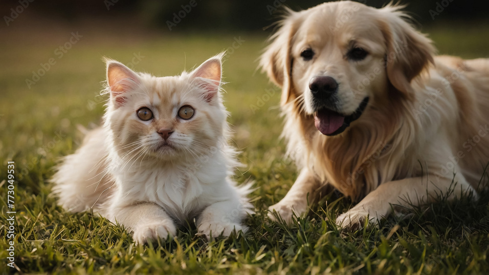 British short hair cat and golden retriever