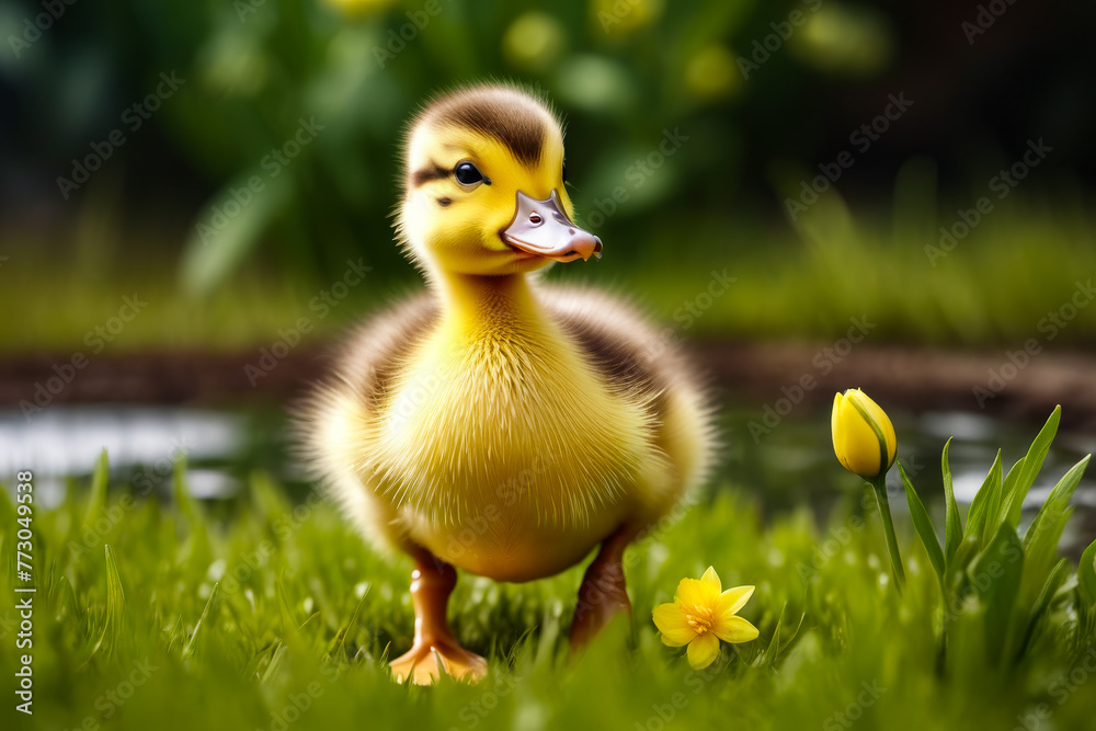 Yellow duck with flower in front of it.