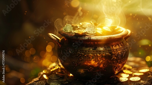 Gleaming gold coins overflow from a rustic pot, a symbol of prosperity and fortune. 