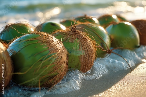 Fresh tropical young green coconut in the beach professional photography photo