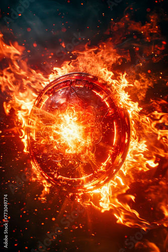 Picture of flaming circle with close up view of man standing in front of it.