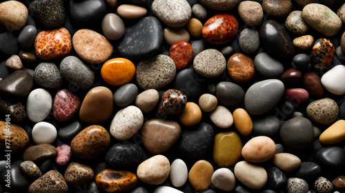 Close up of various colored rocks and stones.
