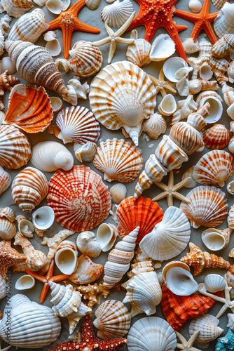 Close up of many seashells mostly orange in color.