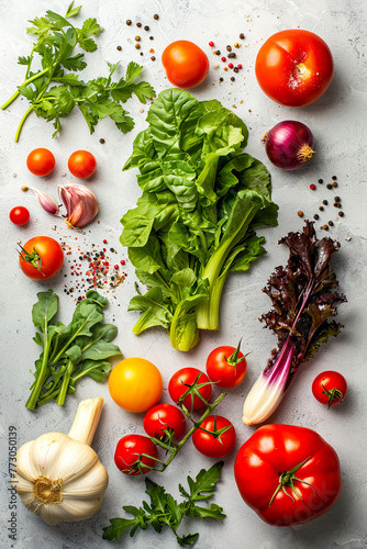 Variety of vegetables are spread out on table including tomatoes peppers lettuce and more.