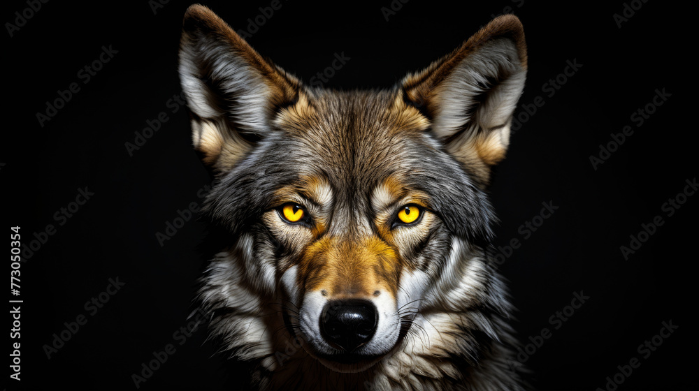 Close up of wolf's face with yellow eyes.