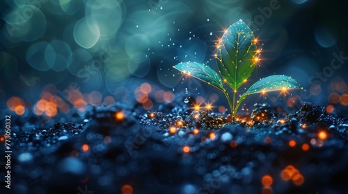 Growing plant in soil with water droplet on blue geometric background. Wireframe light connection structure. Modern 3D graphic concept. Isolated modern illustration.