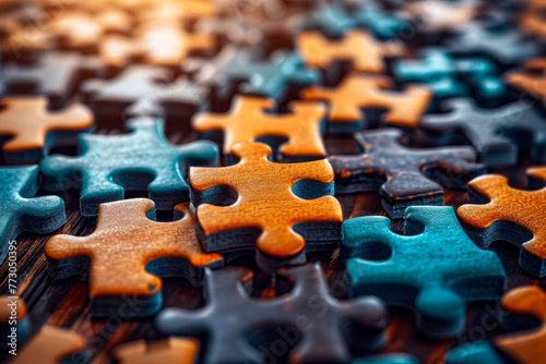 Blue and orange puzzle piece is surrounded by other pieces.
