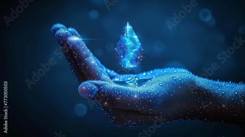Hand holding a drop of water in an abstract style. Low poly style design. Blue geometric background. Wireframe light connection structure. Today's 3D graphics concept. Image isolated on a white