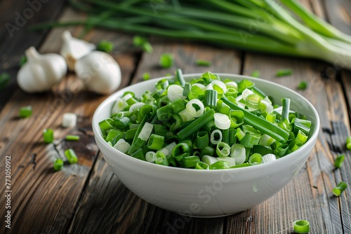 Spring Fresh A Bowl of Green Onions and Garlic Generative AI