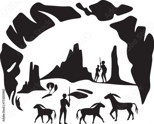 Neolithic Narratives Illustrative Cave Painting Graphic Emblem Paleolithic Perspectives Vector Logo of Prehistoric Cave Art
