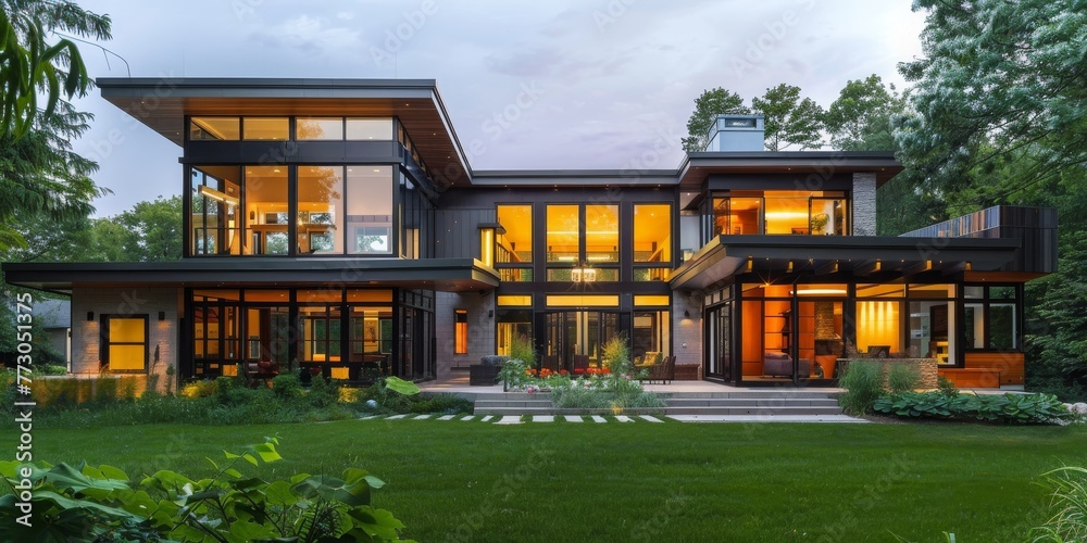 A large house with a white exterior and a green lawn A large house with a white exterior and a green lawn