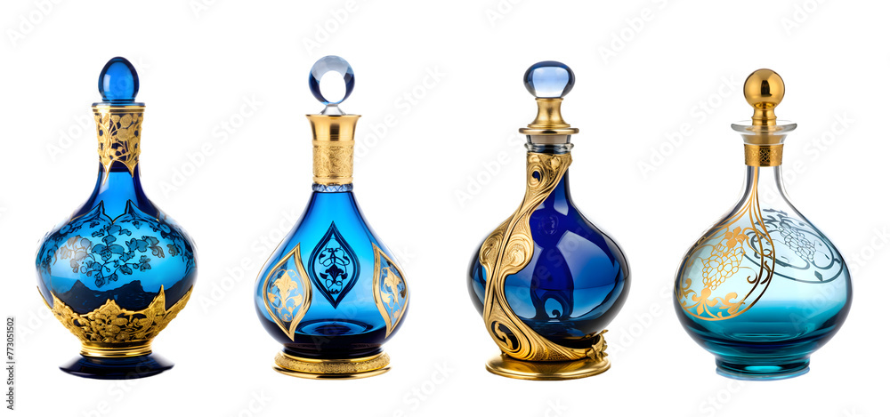 Beautiful Art Nouveau glass decanter made of blue glass with gold decorations. Set of decorative glass carafes on the transparent background. - obrazy, fototapety, plakaty 
