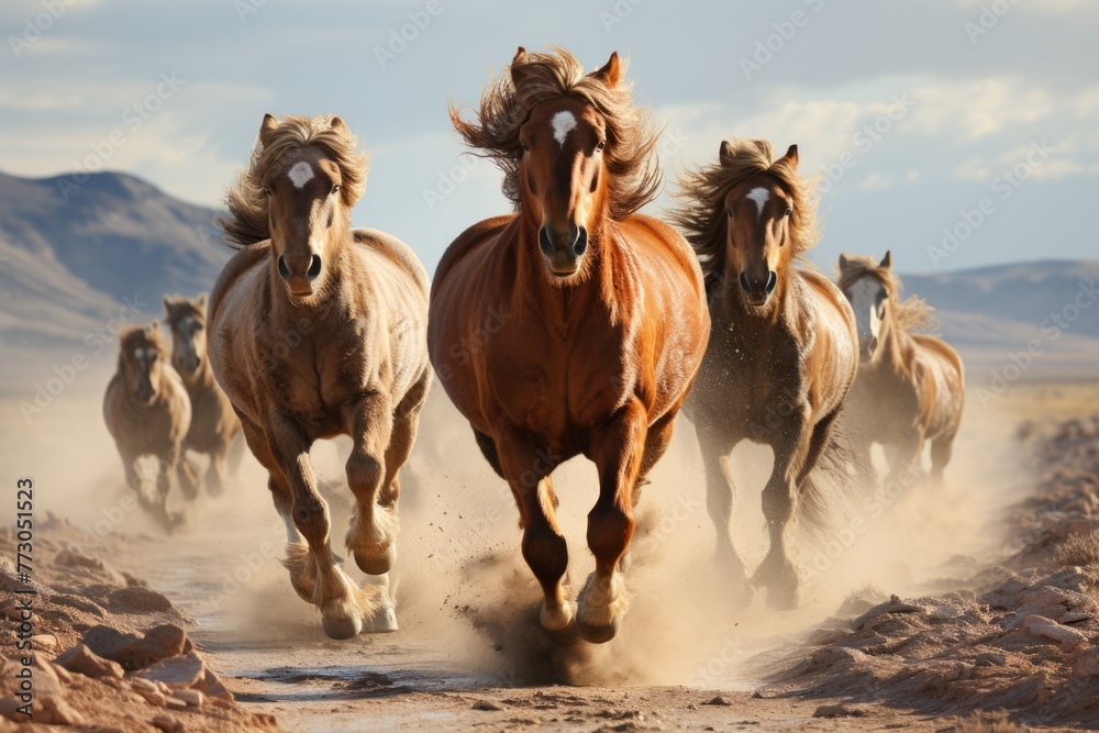 Stallion horses run race in the desert Stallion horses run race in the desert