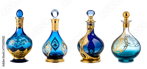 Beautiful Art Nouveau glass decanter made of blue glass with gold decorations. Set of decorative glass carafes on the transparent background.