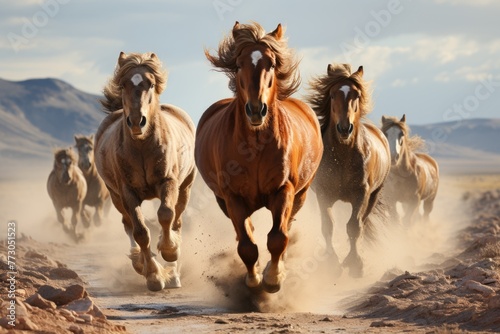 Stallion horses run race in the desert