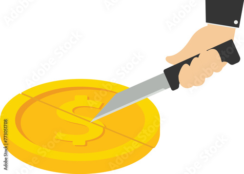 Business profit sharing, hand holding a knife to cut gold coins.Equal distribution

