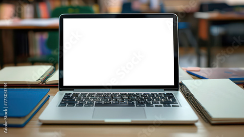 Laptop with blank transparent screen on the table by the notebooks and textbooks in a cozy school classroom. Mockup image