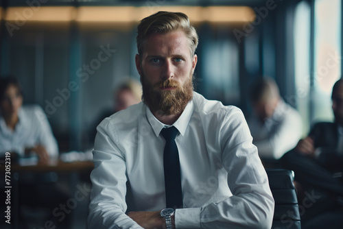 poise of a young bearded businessman sitting on a desk in a corporate boardroom  with a gently blurred background of meeting participants engaged in discussion  signaling leadershi