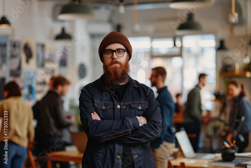 engaging photo of the confidence of a young bearded businessman posing on a desk in a startup office, with a blurred background of energetic employees collaborating and brainstormi © forenna