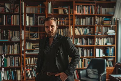 professional photo of determination of a young bearded businessman posing on a desk in a home office, with a softly blurred background of shelves filled with books and motivational