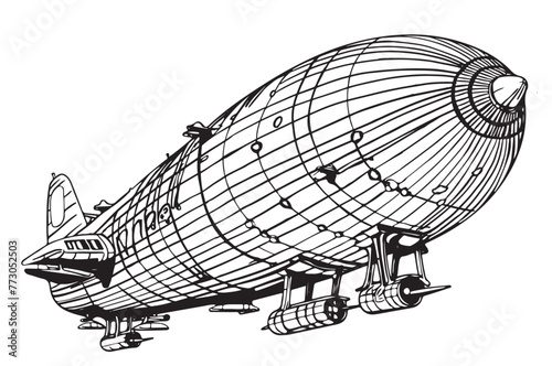 Airship or zeppelin and dirigible or blimp. Engraved hand drawn in old sketch style, vintage transport.