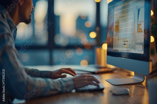 partnership between two business colleagues as they work side by side on a desktop computer in the office, with a softly blurred background creating a sense of depth and perspectiv photo