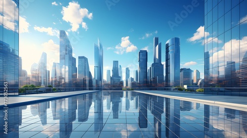 Empty modern business office skyscrapers. High-rise buildings in commercial district with blue sky. bright and clean high tech office background. For Design  Background  Cover  Poster  Banner  PPT  KV