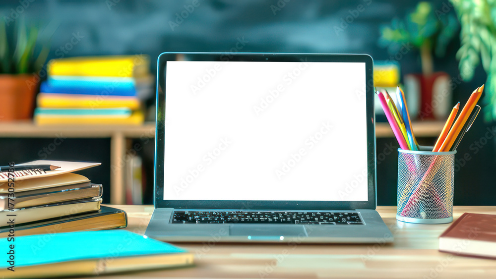 Laptop with blank transparent screen on the table by the notebooks and textbooks in a cozy school classroom. Mockup image Laptop with blank transparent screen on the table by the notebooks and textbooks in a cozy school classroom. Mockup image