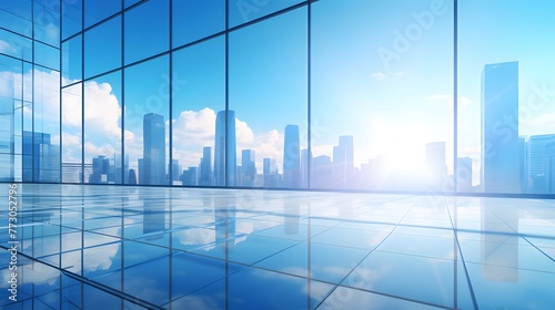 Empty modern business office skyscrapers. High-rise buildings in commercial district with blue sky. bright and clean high tech office background. For Design, Background, Cover, Poster, Banner, PPT, KV