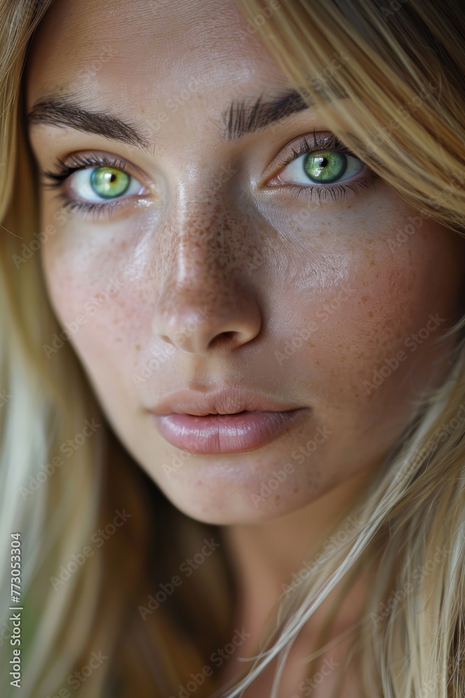 Portrait of a beautiful Italian woman in her 30s, with detailed features that include blonde hair and captivating green eyes. The focus is on her face, 
