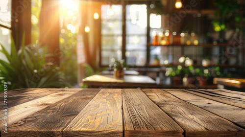 Wood table cafe background. Generative AI