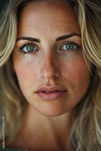 Portrait of a beautiful Italian woman in her 30s, with detailed features that include blonde hair and captivating green eyes. The focus is on her face, 