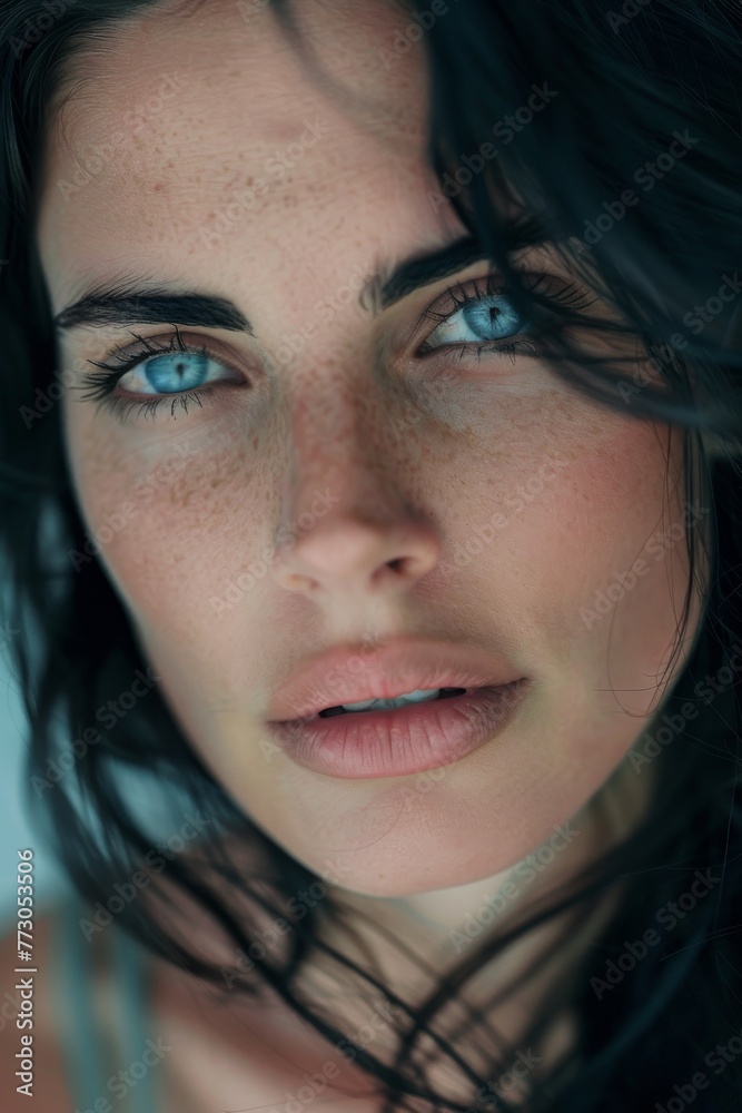 Fototapeta premium Portrait of a beautiful Italian woman in her 30s, with detailed features that include black hair and captivating blue eyes. The focus is on her face,