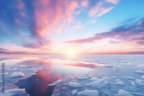 a sunset over a frozen lake photo