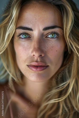 Portrait of a beautiful Italian woman , with detailed features that include blonde hair and captivating green eyes.