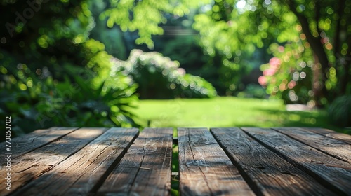 Wooden table garden background. Generative AI